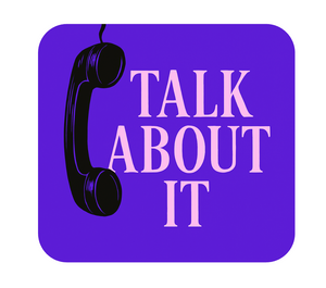 Logo for Talk About It, an anonymous recovery support platform. The design features a black telephone handset next to the words “TALK ABOUT IT” in pink capital letters, set against a vibrant purple circular background